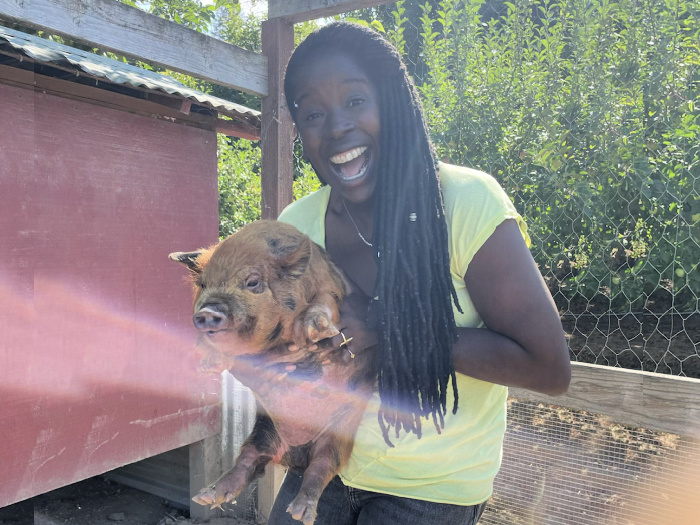 person holding up a furry pig