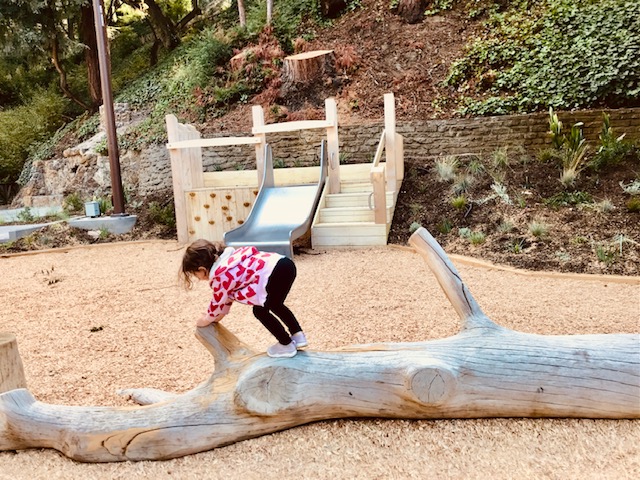 child climbing on log