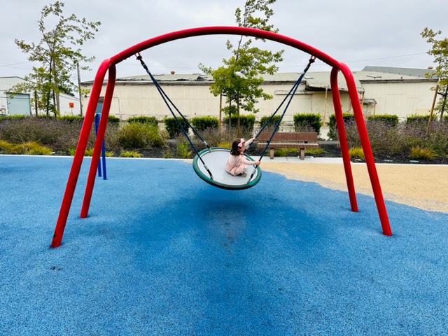 child on platform disc swing