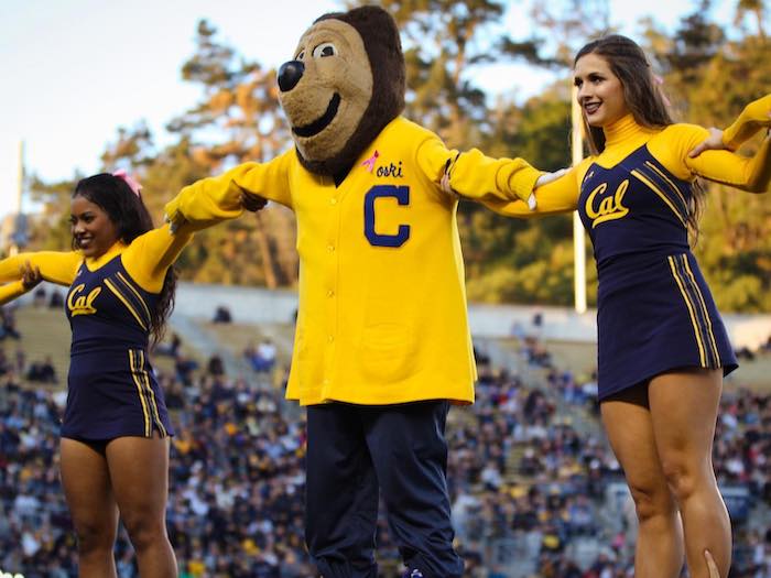 uc berkeley mascot oski with two cheerleaders