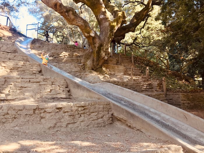 boy sliding down concrete slide